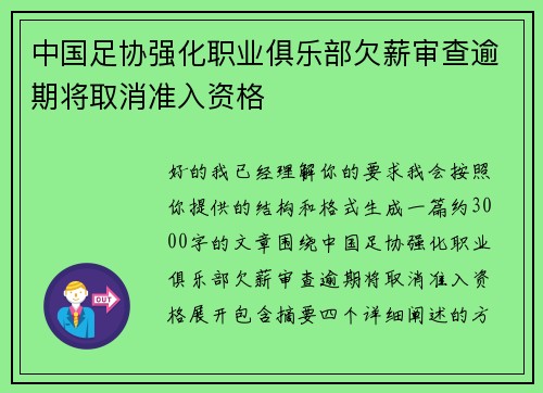中国足协强化职业俱乐部欠薪审查逾期将取消准入资格